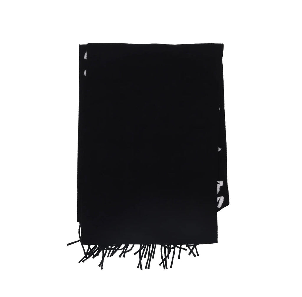 Black and white geometric pattern knitted scarf, fringed edge thermal shawl
